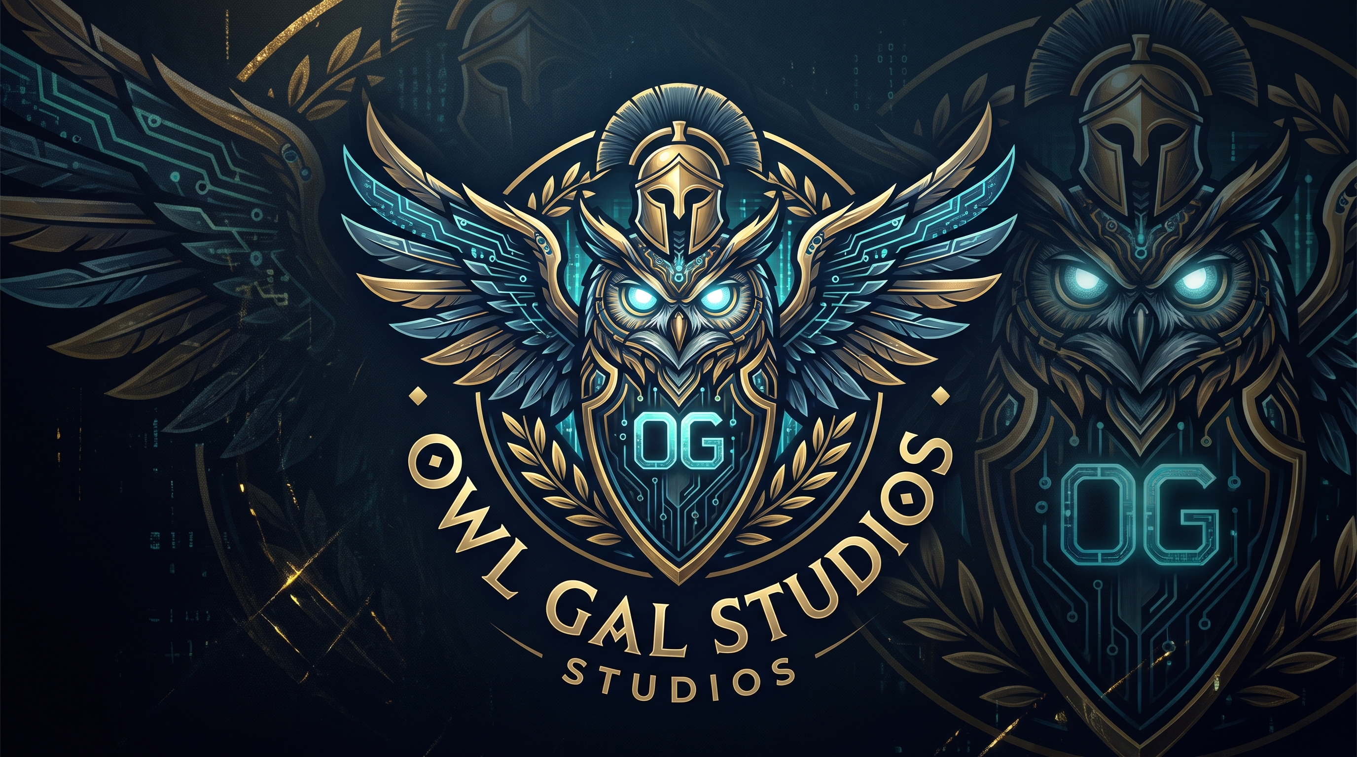 Owl Gal Studios draft artwork featuring a gold owl, helmet and turquoise circuitry